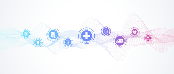 Modern health care banner template with flat icons. Medical innovation concept for header, web banner, website, presentation. Vector illustration
