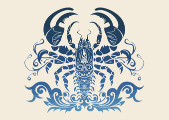 a blue and white drawing of a scorpion