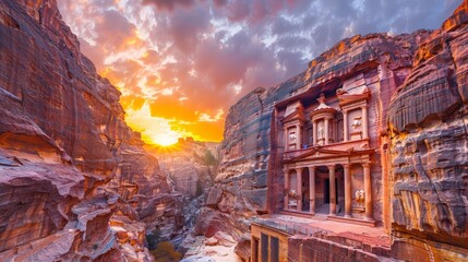 Petra's Treasury at sunrise, ancient rock-cut architecture, historical site