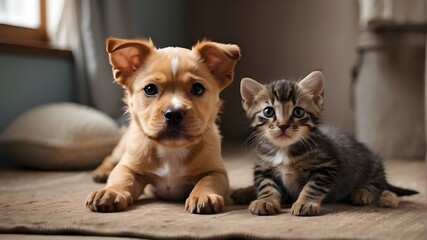 Obraz premium Eight-kilogram of an American Stafford-shire Terrier dog playing with a cute little kitten