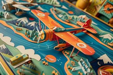 Fototapeta premium Design a dynamic Birds-eye View board game cover showcasing adventurous aviation milestones , whimsical style with paper-cut illustration and 3D elements