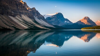 Golden Tranquility: Sunset at Bow Lake in the Canadian Rockies, Banff National Park, Alberta,...