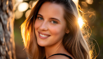 Fototapeta premium The attractive young woman with colorful eyes, smiling towards the camera in close-up