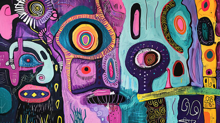 Colorful abstract art in Art Brut style with vibrant cool colors and whimsical shapes