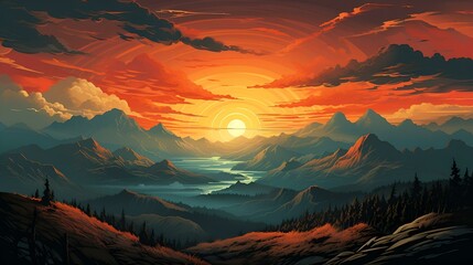 A painting of a sunset in the mountains landscape