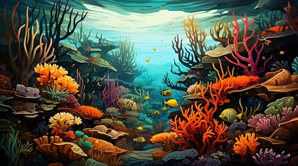 Fototapeta na wymiar A colorful underwater scene with a fish and corals