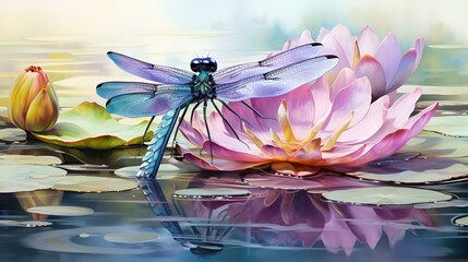 Dragonfly and water lilies
