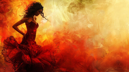 Elegant Spanish woman performs passionate Flamenco dance in vibrant, fiery setting