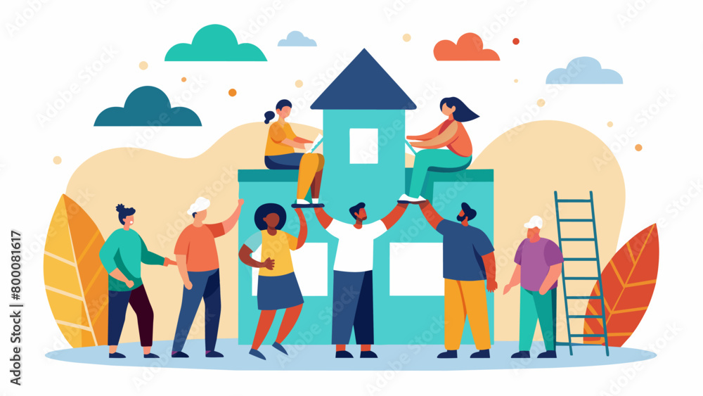 Poster community members coming together to build a new community center symbolizing their commitment to cr