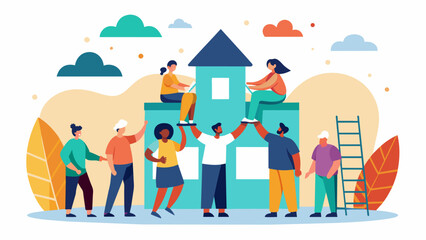 Community members coming together to build a new community center symbolizing their commitment to creating safe and inclusive spaces for all to. Vector illustration