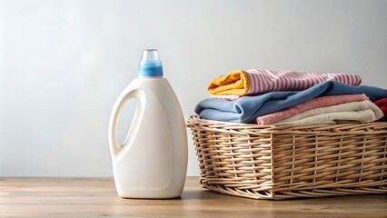 mockup of a washing powder bottle on a wicker basket with clothes