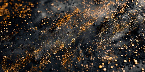 Abstract background with metallic paint splatters on a dark background, high contrast.