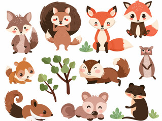 a set of cute foxes and other animals