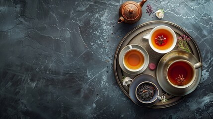 Sleek top view of a modern tea service with a variety of teas served both hot and iced, showcased on a chic dark slate background
