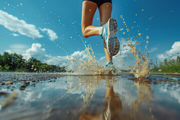 Close up of a woman runner jumping over a puddle