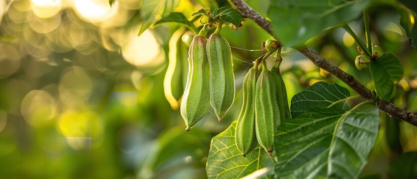 A close shot of Carob tree with fresh green Carobs among nature with a big blurry green backdrop for text or product advertisement background, Generative AI.