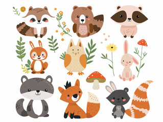 a bunch of animals that are on a white background