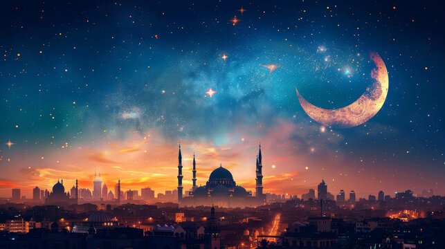 Eid Mubarak: Celebrating Ramadan with a sparkling crescent moon over a majestic city skyline