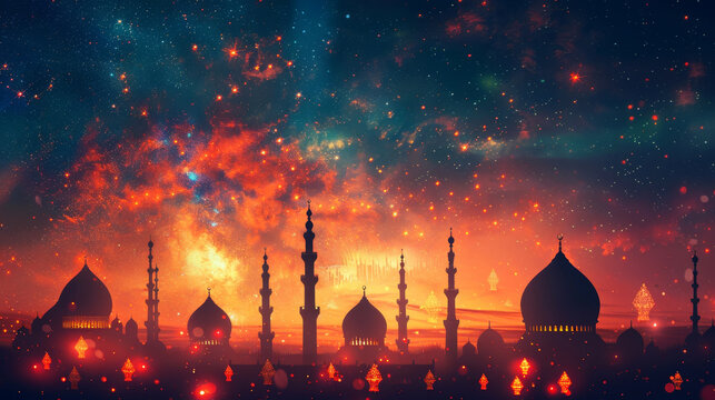 Eid Mubarak celebration with festive lights and mosque silhouettes against a starry sky