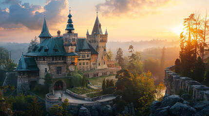Enchanting fairy tale castle at dusk with vibrant sunset and lush forest