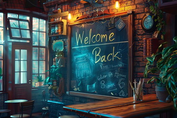 A digital blackboard showing a heartwarming Welcome Back message, celebrating teachers and students reuniting.