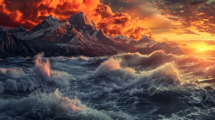 Fiery Sunset over Rugged Mountains with Crashing Waves.
