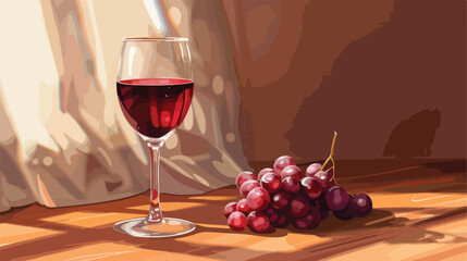 Glass of red wine and grapes on table Vectot style vector