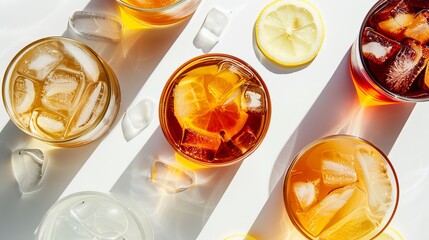 Refreshing summer beverages from above, iced tea and coffee assortment, ice and lemon slices visible, stark white background