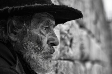 An elderly man in traditional Jewish clothing stands thoughtfully at the Western Wall in Jerusalem