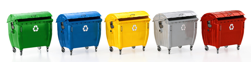 Trash bins for segregated waste disposal. Paper, plastic, organic waste, metal, glass containers. Garbage segregation, recycling, rubbish sorting reduces environmental pollution in urban areas, eco 3D