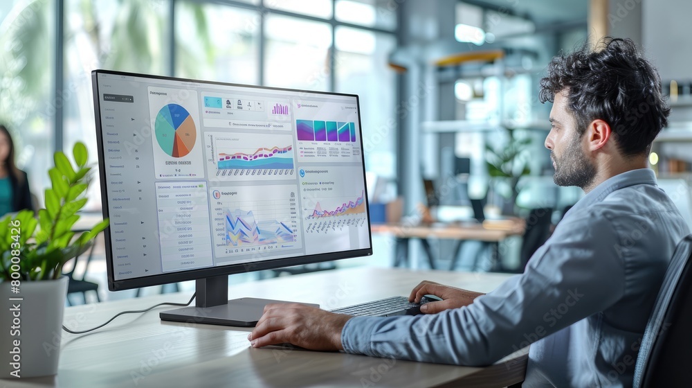 Poster Man analyzing data on a large computer monitor