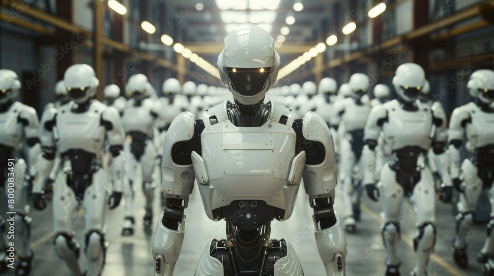 Poster A group of autonomous robots. Displacement of work by artificial intelligence. Future of manufacturing.