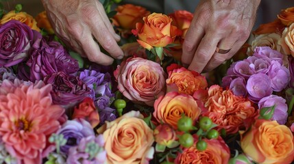 Close-up of senior hands tenderly arranging a vibrant bouquet of multi-colored roses.