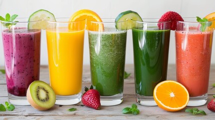 Refreshing fruit and vegetable smoothies in tall glasses, vividly colored ingredients, meticulously arranged on an isolated background under studio lighting