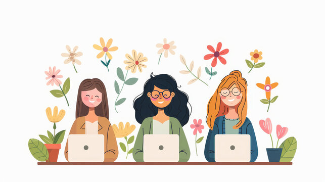 Happy Administrative Professionals Day celebration with three women at laptops surrounded by flowers