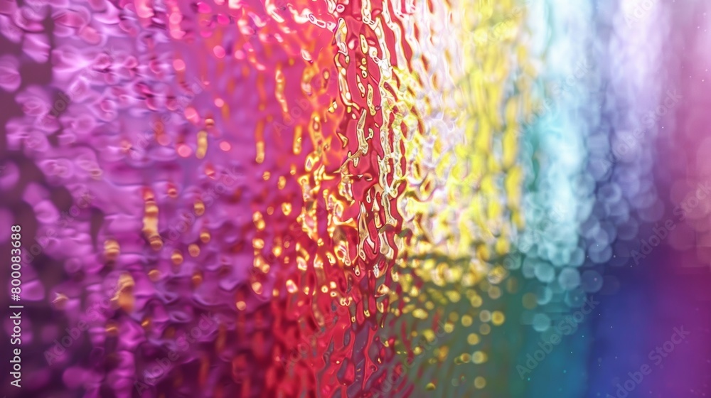 Poster vivid raindrops on a windowpane with a colorful bokeh effect in the background.