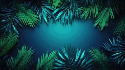 Modern trendy neon glowing light with neon green palm tropical leaves on a blue background.