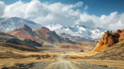 Scenic view of the Kyzyl-Chin Valley, nicknamed Mars, in Russia with colorful hills and snowy mountains