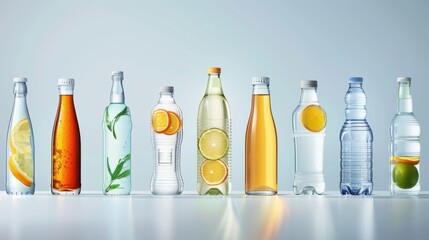 Premium water advertisement featuring an array of bottles, from sparkling to still, and from plain to citrus-flavored, beautifully lit against a clean, isolated background in a studio setting