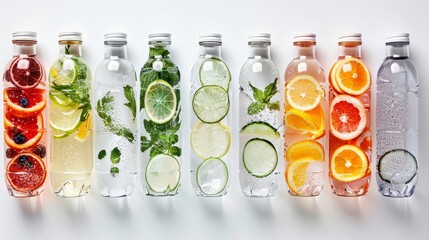 Overhead shot of different water types, showcasing variety in still and carbonated options, isolated on pure white, under clear studio lighting