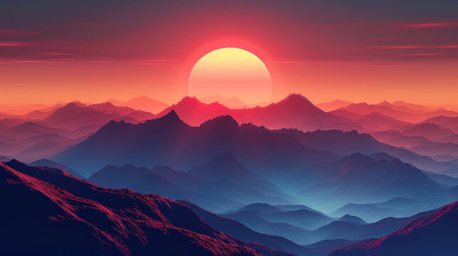 Breathtaking view of a mountain range at sunset with a vibrant red sky