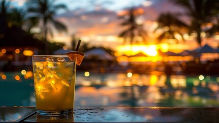A refreshing tropical cocktail on a poolside table with a sunset backdrop.