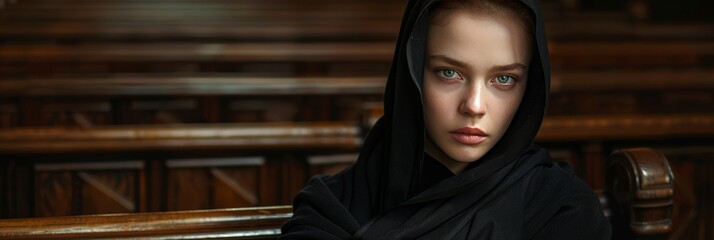 Portrait of a caucasian nun in black habit deeply praying inside the church, a devout image captured - Powered by Adobe