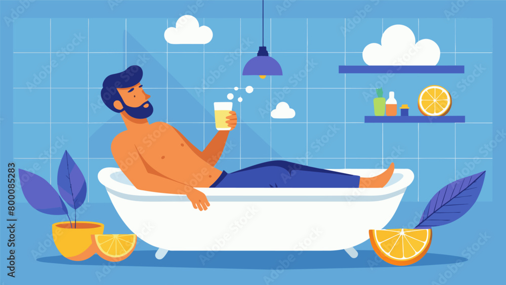 Poster a man takes a luxurious bath enhanced by the invigorating scent of citrus essential oils diffused fr