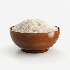 Cooked rice in a wooden bowl on white background