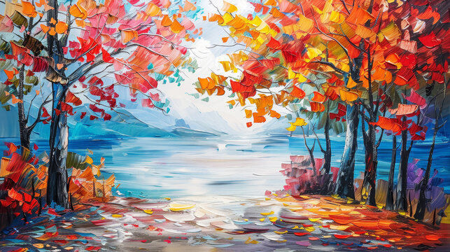 Vibrant oil painting of an autumn landscape with colorful trees by a lake