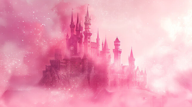 Enchanting pink fairytale castle silhouette engulfed in a dreamy mist