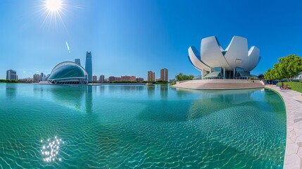 Panoramic view of the Ciudad de las Artes y las Ciencias, contemporary Spanish architecture