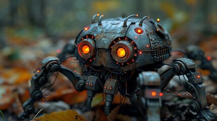 Fototapeta premium An antiquated, spiderlike automaton with decayed metal limbs and glowing red eyes