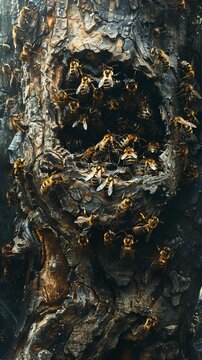 A vivid image of a hornets nest attached to a gnarled tree branch, with hornets actively entering and exiting, set in a dense, dark forest environment